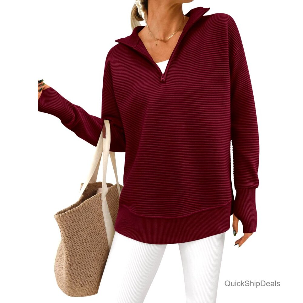 Long Sleeve Quarter Zip Pullover Sweater Loose Fit Ribbed Knit Thumb Hole